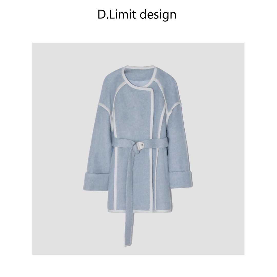 【D.Limit design】法式气质撞色边腰带双面呢大衣Q--OB01611
