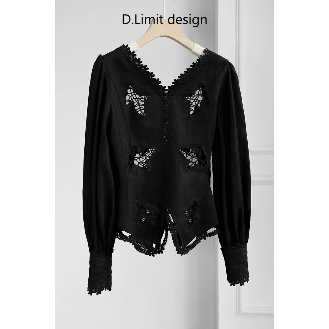【D.Limit design】法式优雅V领树叶镂空衬衫Q