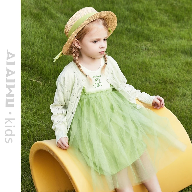 艾艾屋女童裙子2024夏季新品幼小童女宝假两件有袖连衣裙YNSS16
