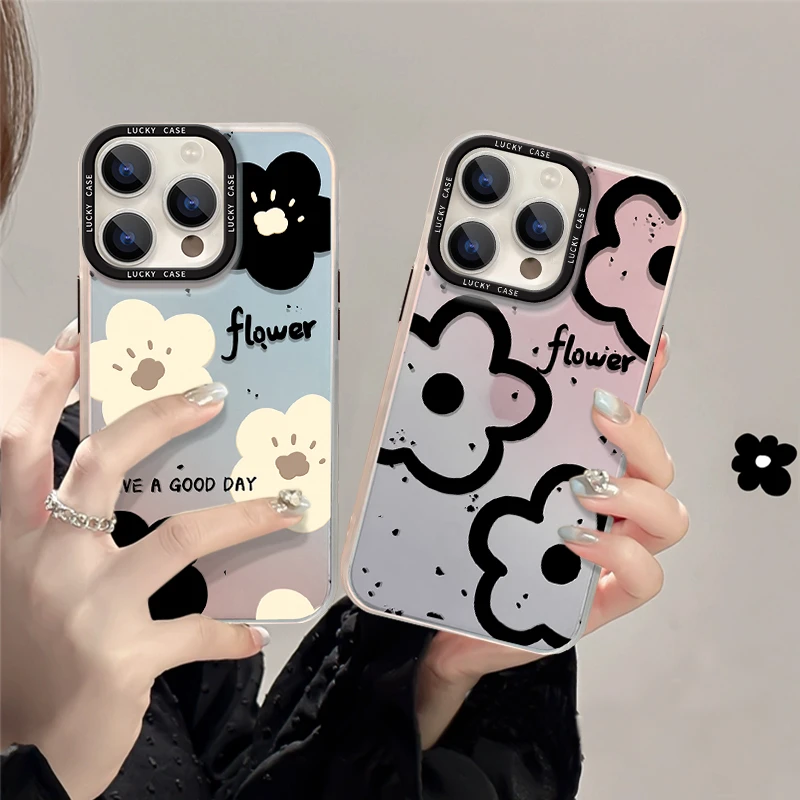 黑白花朵苹果14手机壳iPhone13新款12透明ProMax女变色龙14P防摔