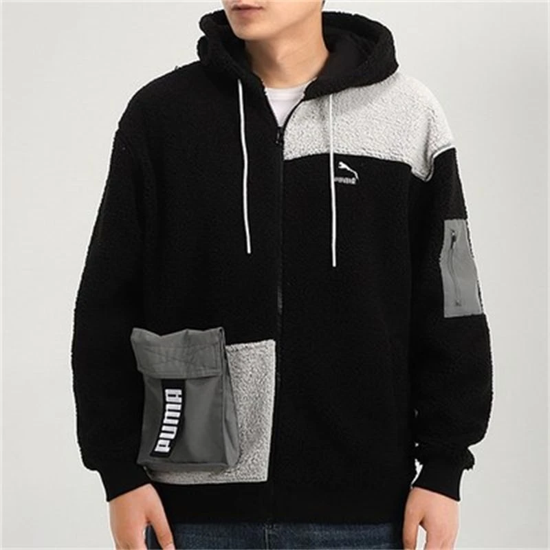 正品PUMA/彪马男子拼接休闲保暖仿羊羔绒连帽夹克外套530711-01