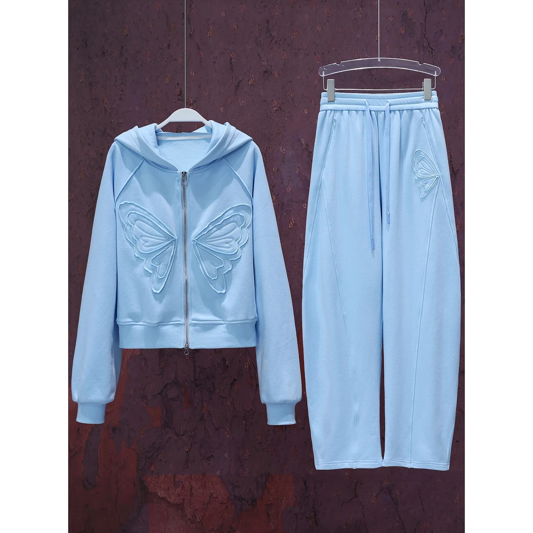 【韩哥女装】秋季时尚感穿搭天蓝色蝴蝶贴布绣阔版休闲套装/ 3102