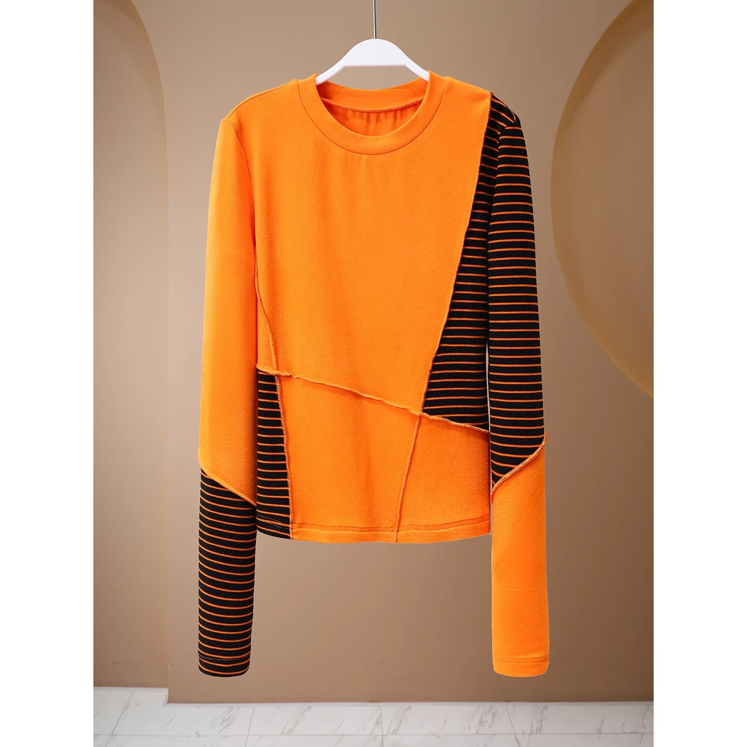 【韩哥女装】2024秋季爱玛橙撞色拼接气质轻奢感修身打底衫5386A