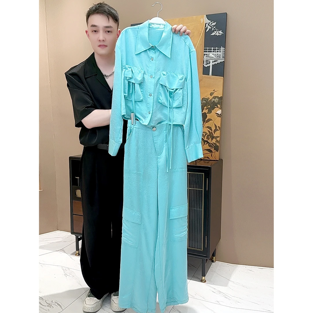 【韩哥女装】2024夏季冰凉感轻薄冰川蓝压皱垂顺舒适感套装/3310