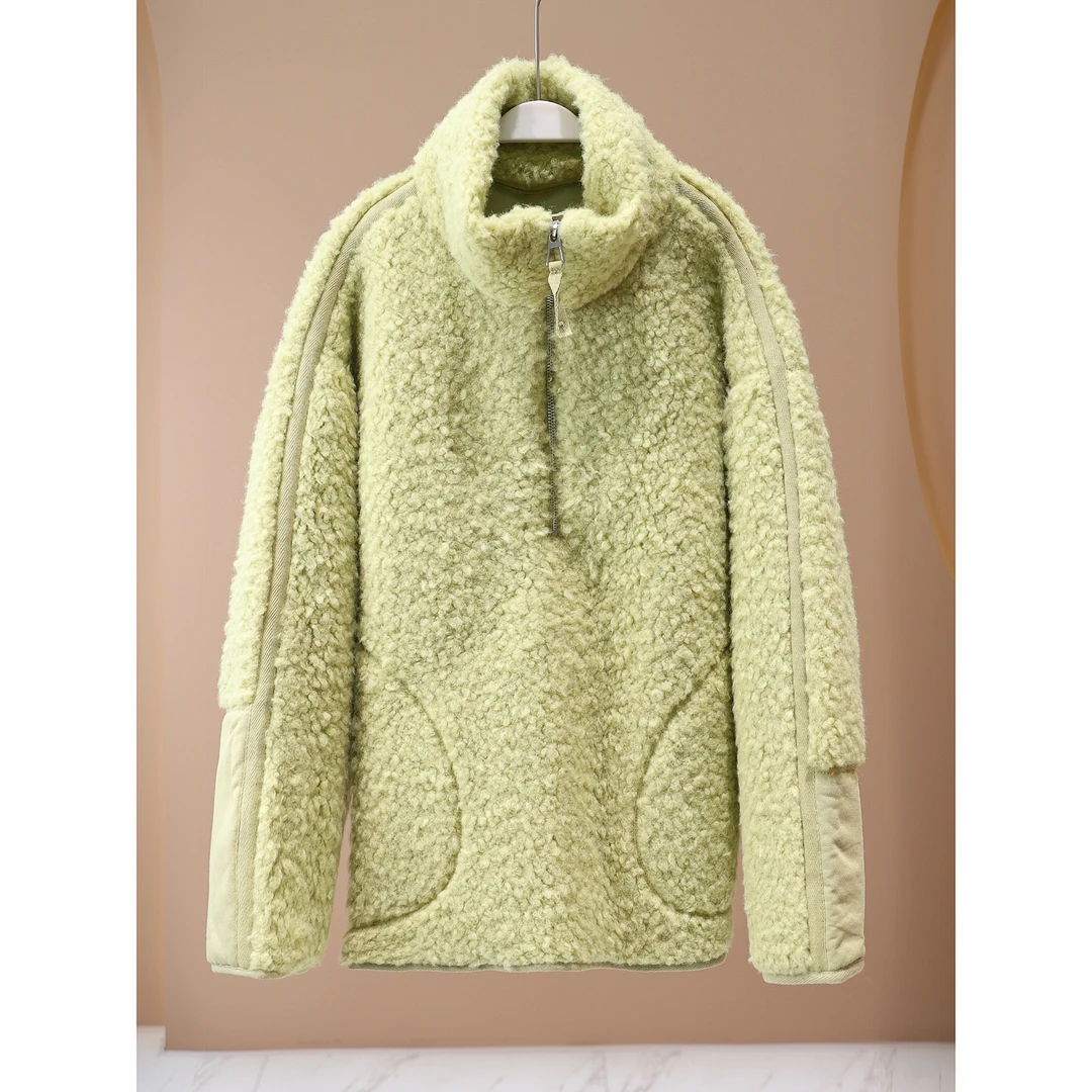 【韩哥女装】冬季豆绿色设计款欧版拼接半拉链毛毛衣小众外套/5198