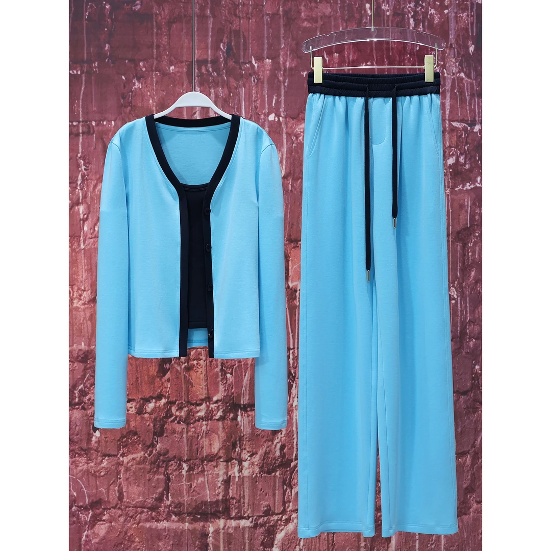 【韩哥女装】2024秋季优雅风穿搭天蓝色撞色修身三件套套装3690