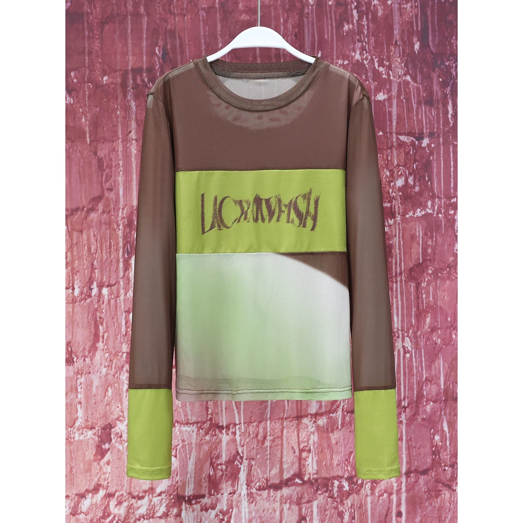 【韩哥女装】夏日复古感咖色拼色微透时尚潮流圆领长袖防晒上衣3710