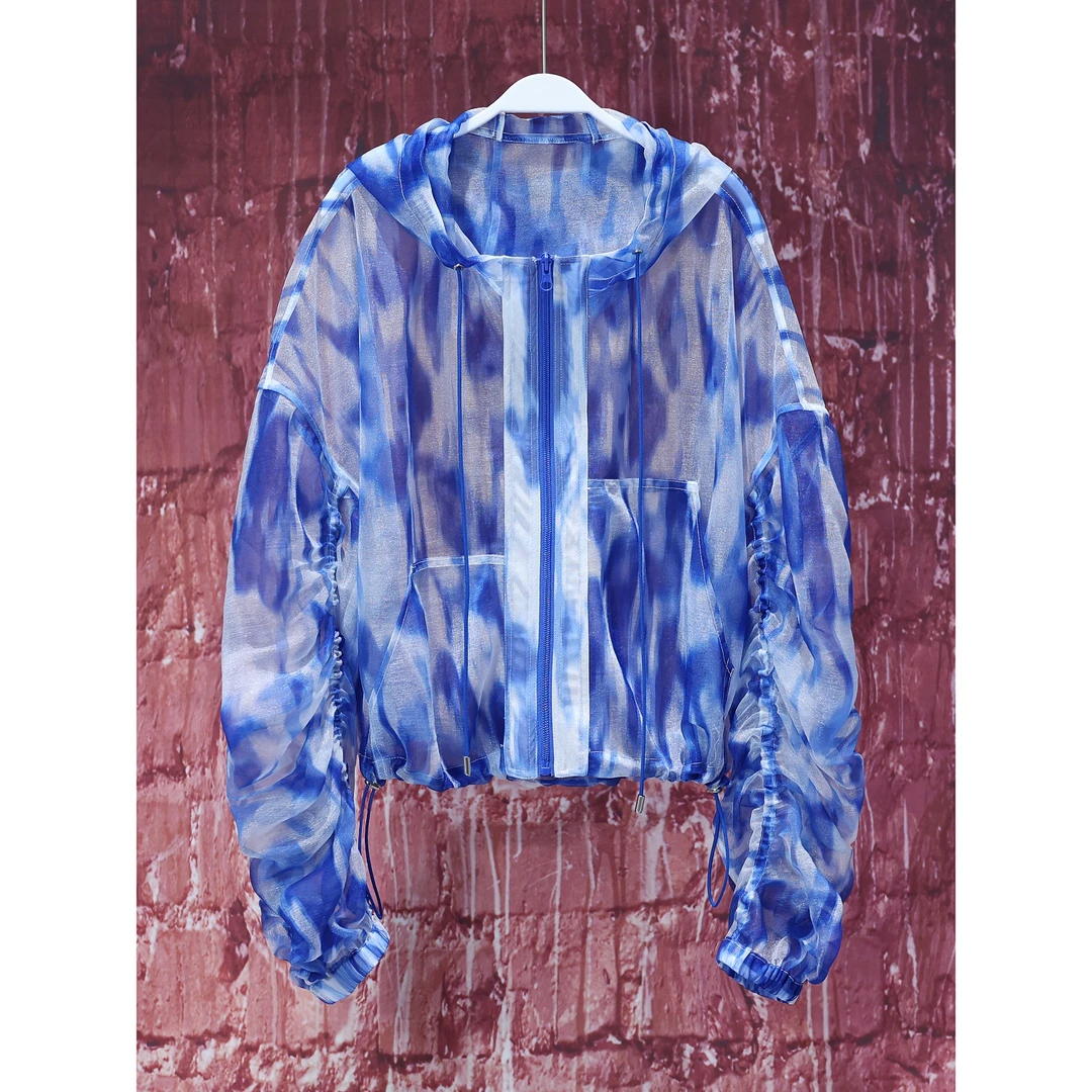 【韩哥女装】夏季冰丝珠光纱轻薄透气蓝色扎染连帽防晒外套 3528