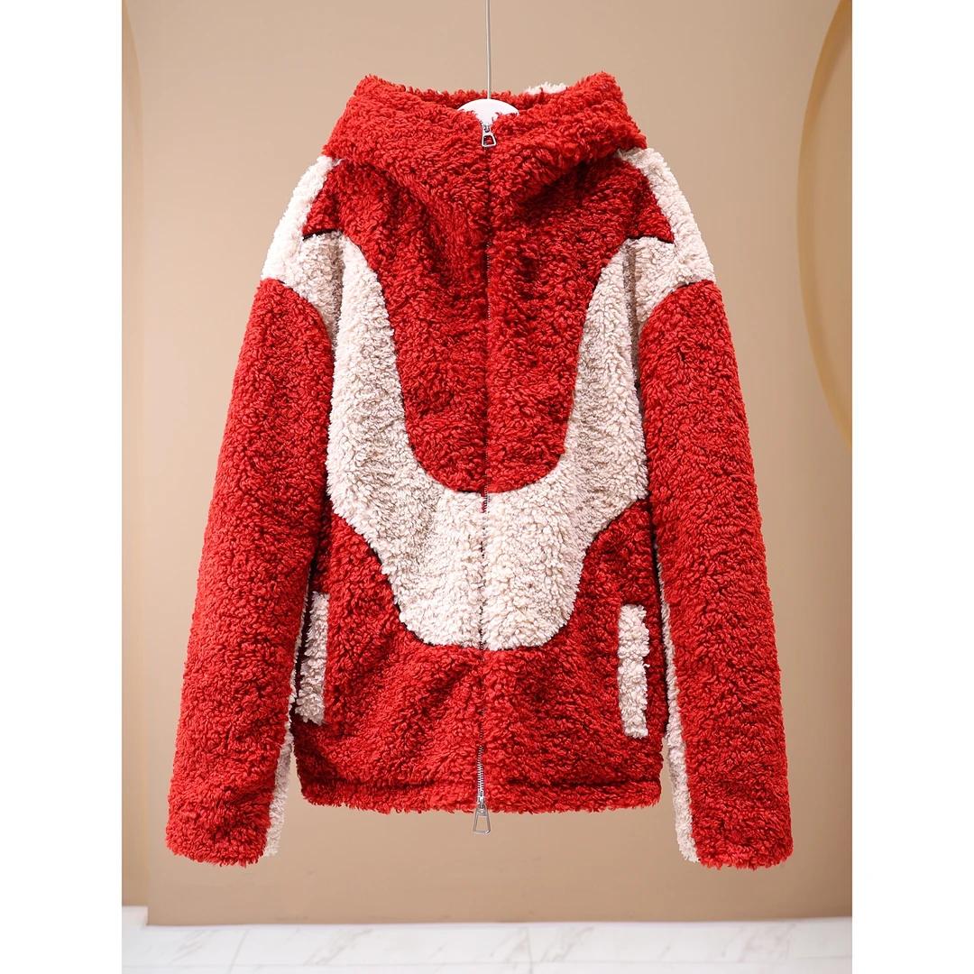 【韩哥女装】冬季红色拼色欧版毛毛衣连帽设计师款小众外套5209