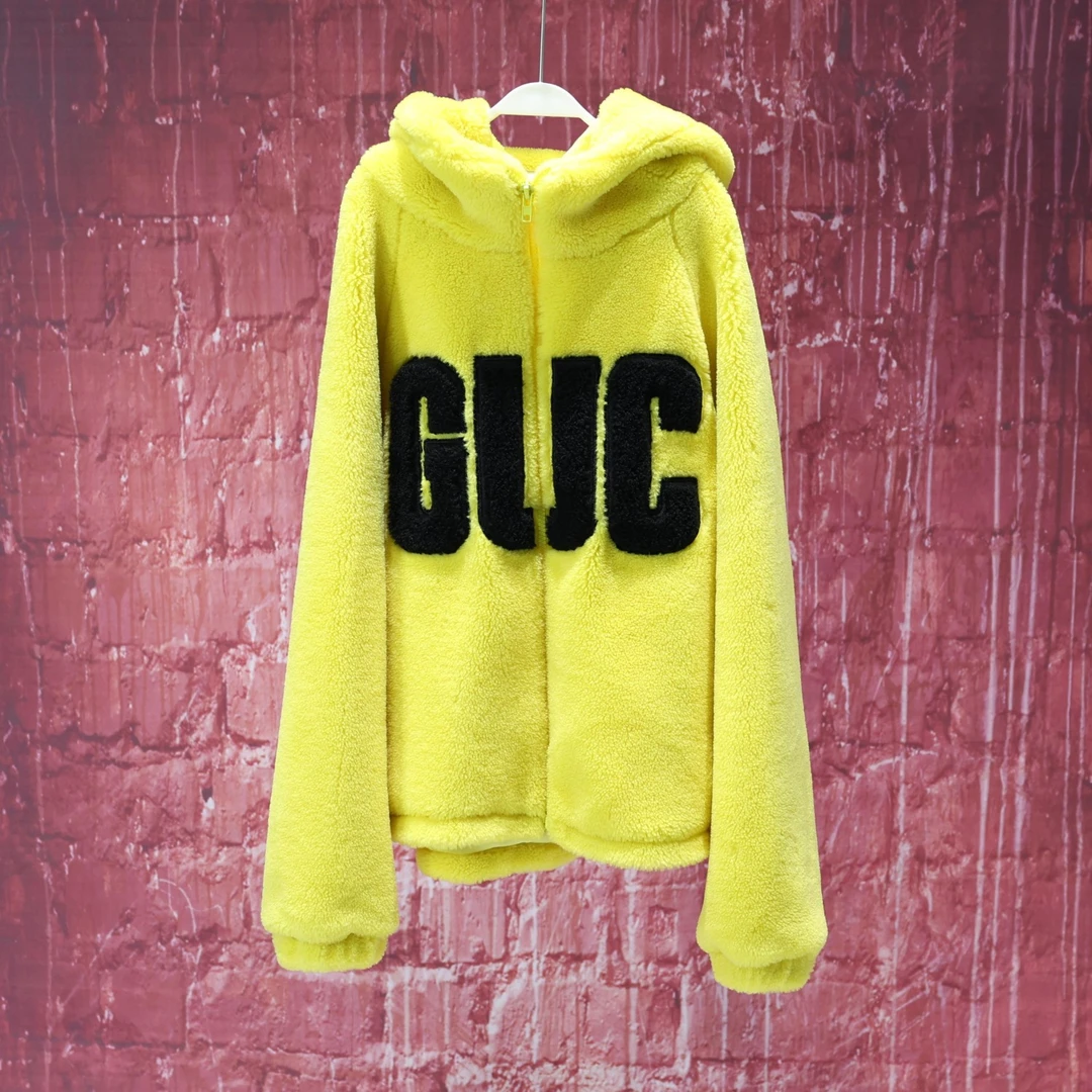 【韩哥女装】2024冬季鹅黄色字母刺绣中长款毛毛衣连帽外套5719A