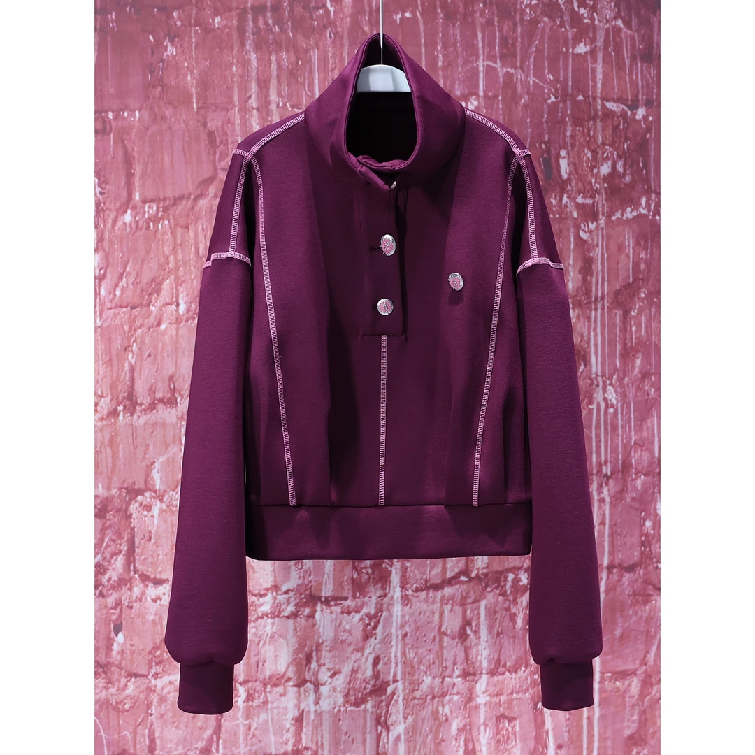 【韩哥女装】冬季设计师轻奢气质感绛紫色立领欧版加厚卫衣5851A