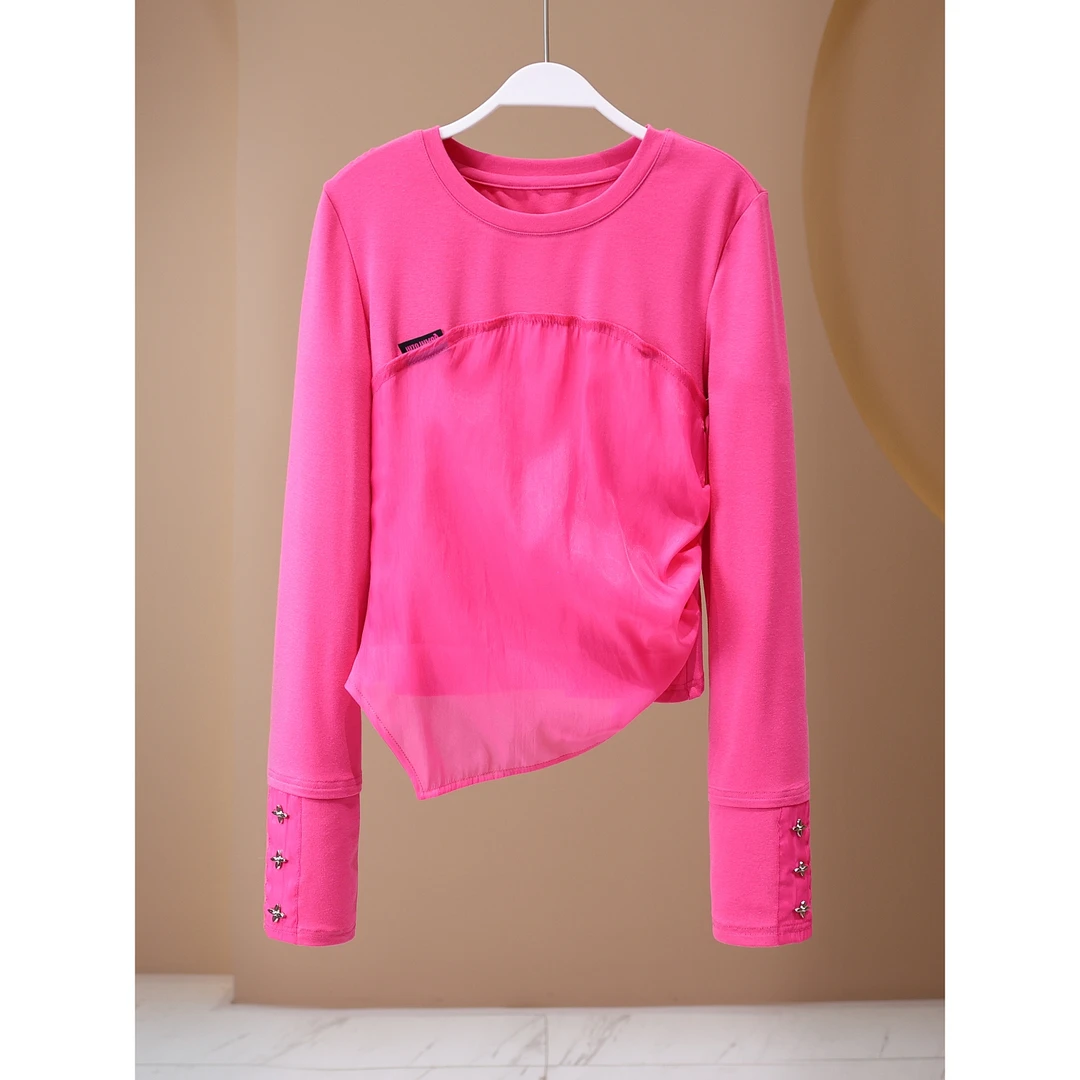 【韩哥女装】2024秋季洋红色捏褶收腰层次感修身拼接打底衫5223A