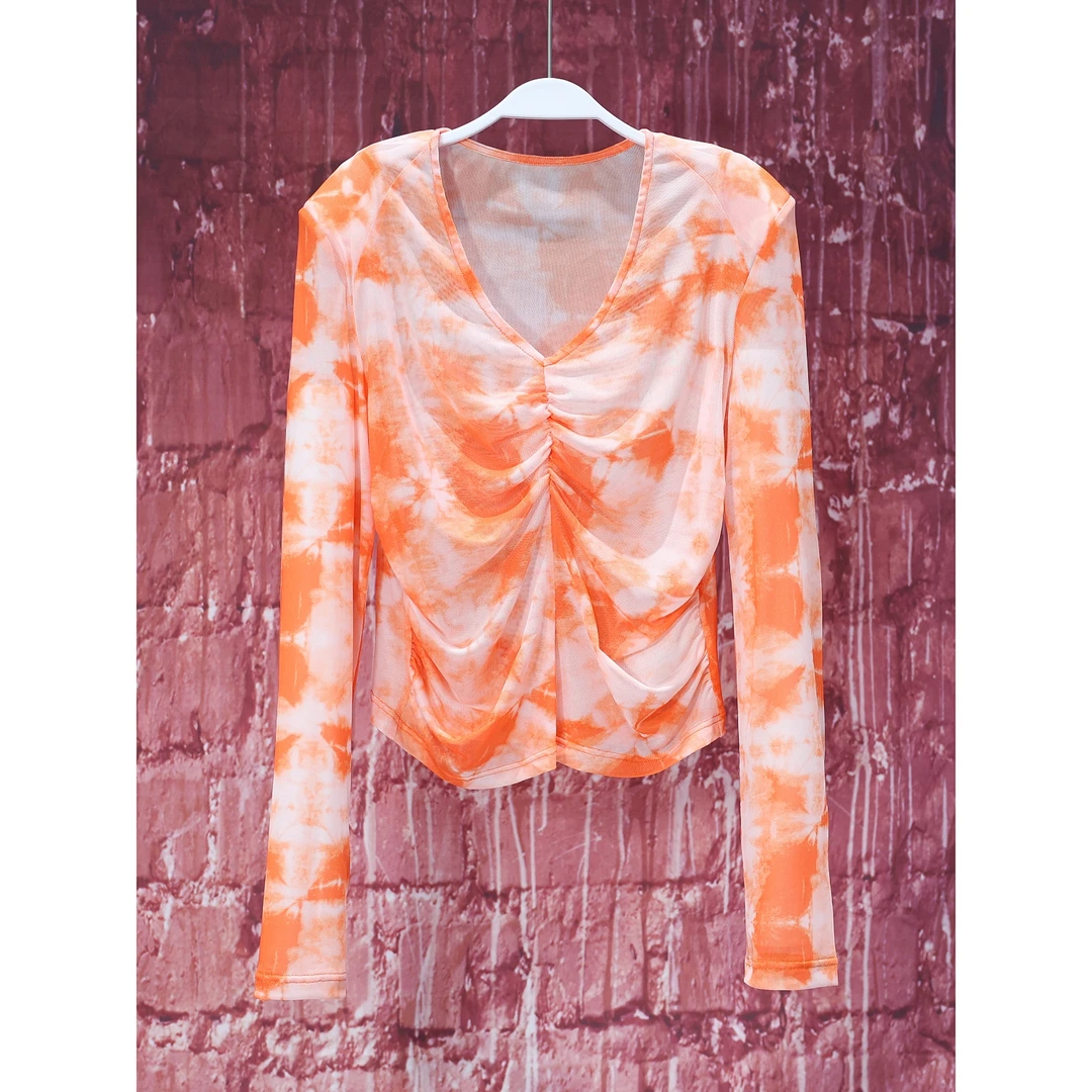 【韩哥女装】夏季精致感穿搭橙橘色扎染V领收褶设计冰丝网纱T恤3656