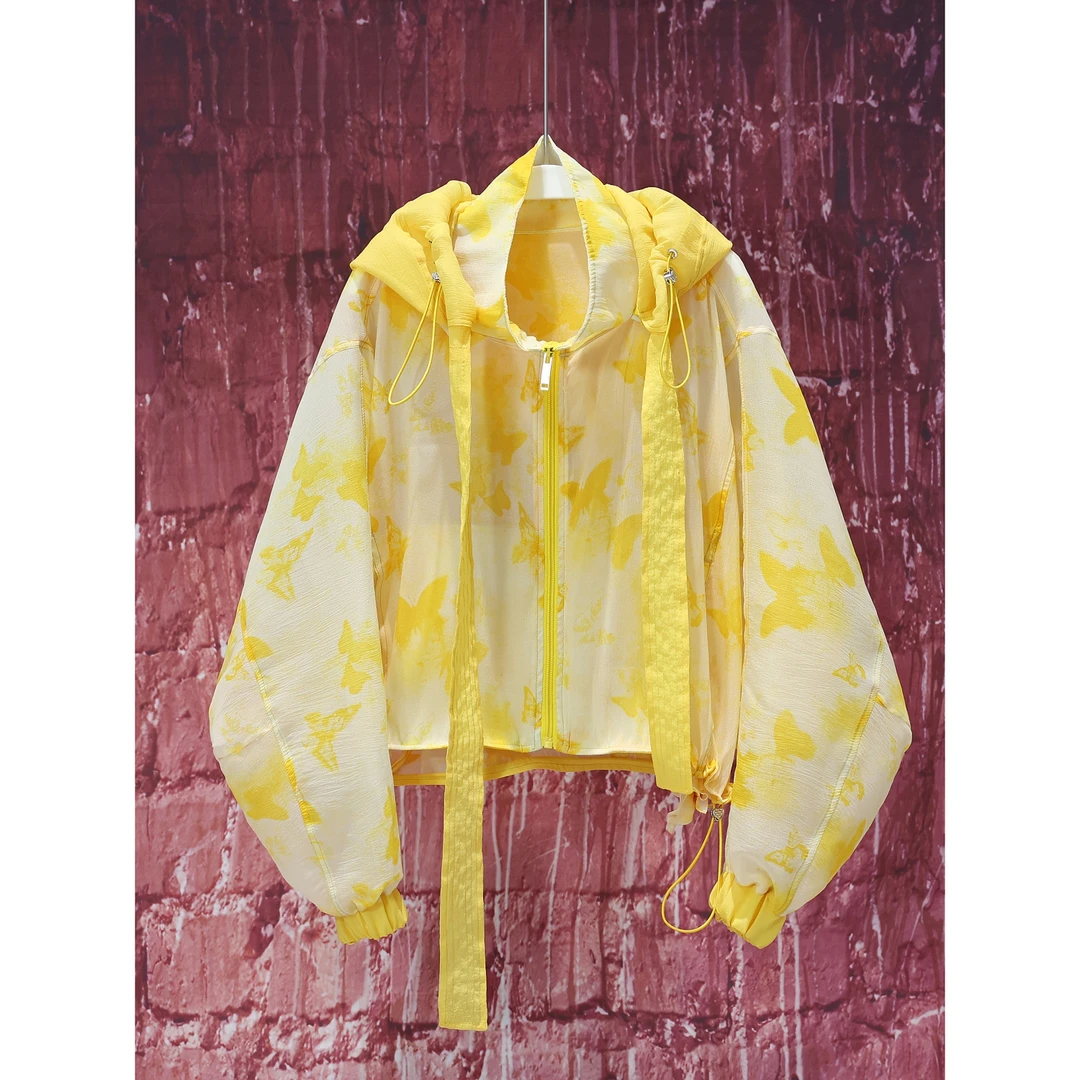 【韩哥女装】夏季柚黄色蝴蝶印花时尚轻透感薄款时装防晒外套 3559