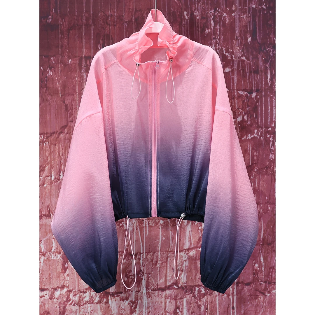 【韩哥女装】夏季户外薄款时尚宽松扎染潮流渐变粉蓝防晒外套3535