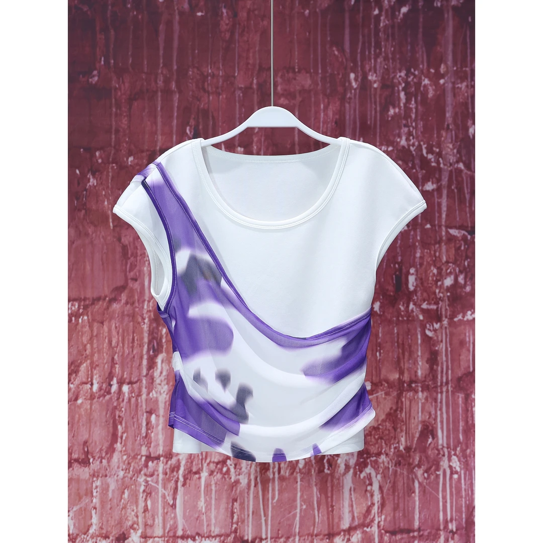 【韩哥女装】夏季轻薄透气休闲冰丝假两件时尚圆领抽绳收腰上衣3652