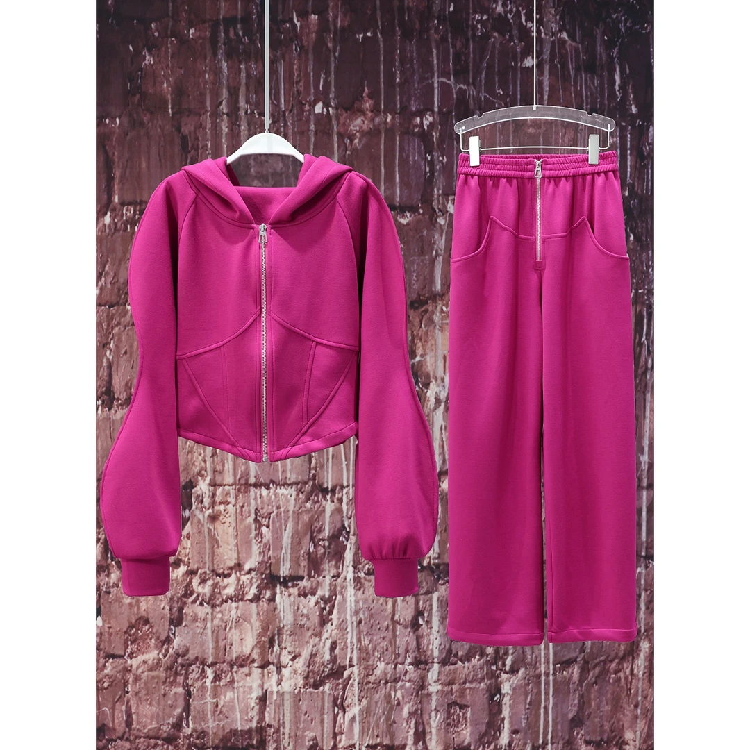 【韩哥女装】秋季精致感穿搭火龙果色减龄气质感显瘦修身套装1771