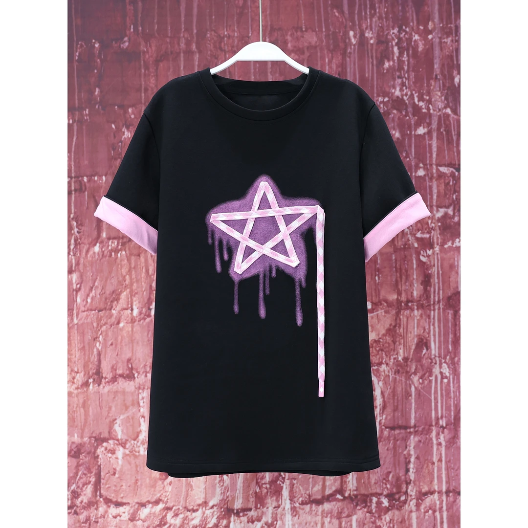 【韩哥女装】夏季简约宽松时尚黑色拼色设计款五星印花休闲T恤/2943