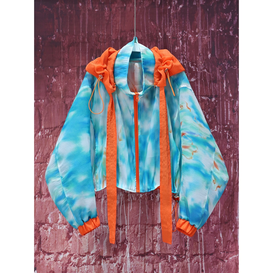 【韩哥女装】夏季水蓝撞色晕染蝙蝠袖薄款连帽时尚冰丝防晒外套3530