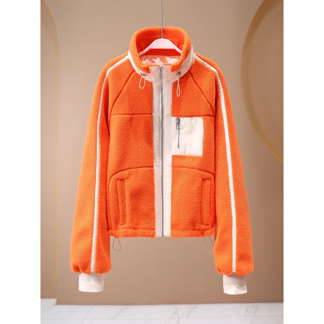 【韩哥女装】冬季精致感穿搭爱玛橙撞色立领羔绒外套5190