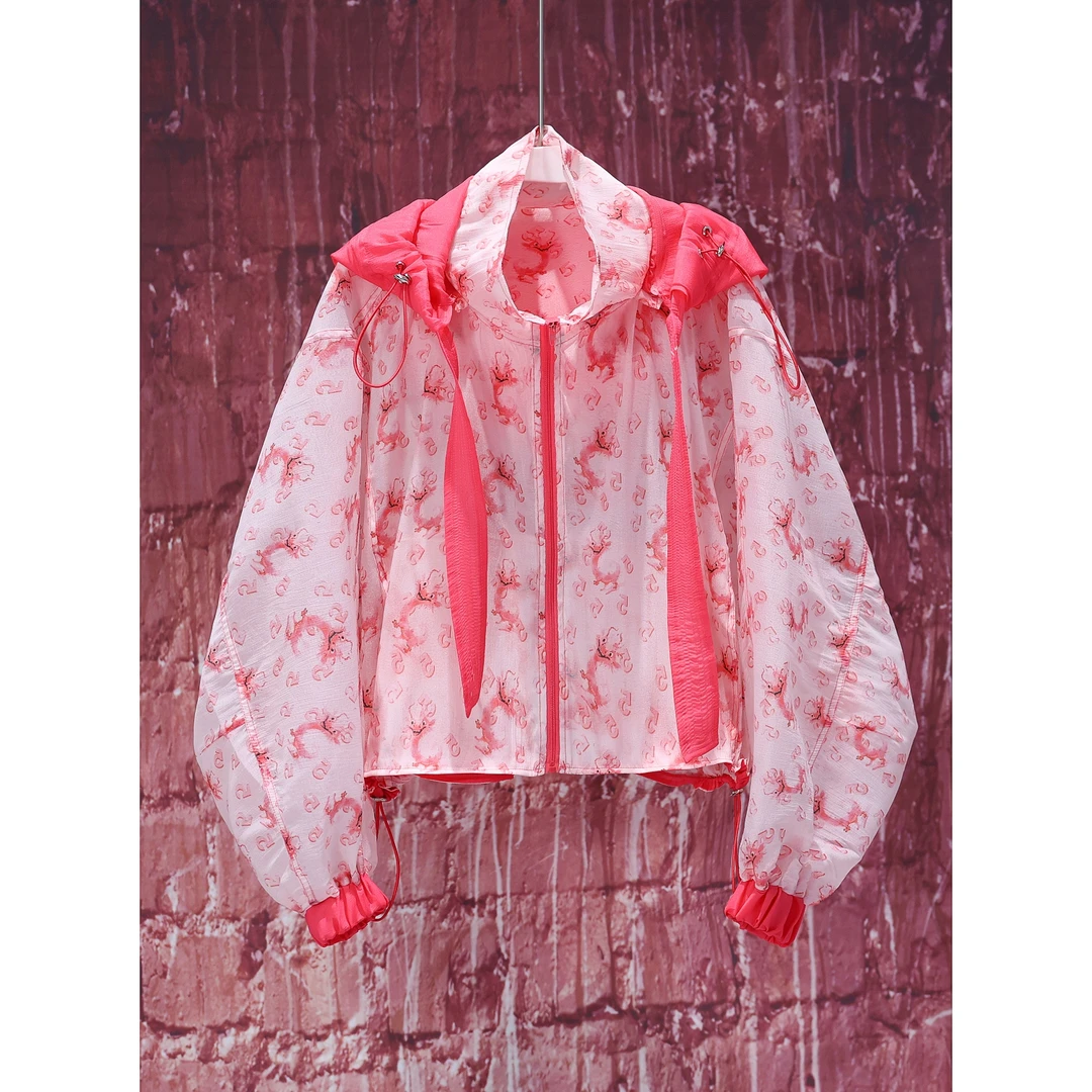 【韩哥女装】夏季西瓜红小龙印花扎染减龄感薄款冰丝防晒外套-/3370