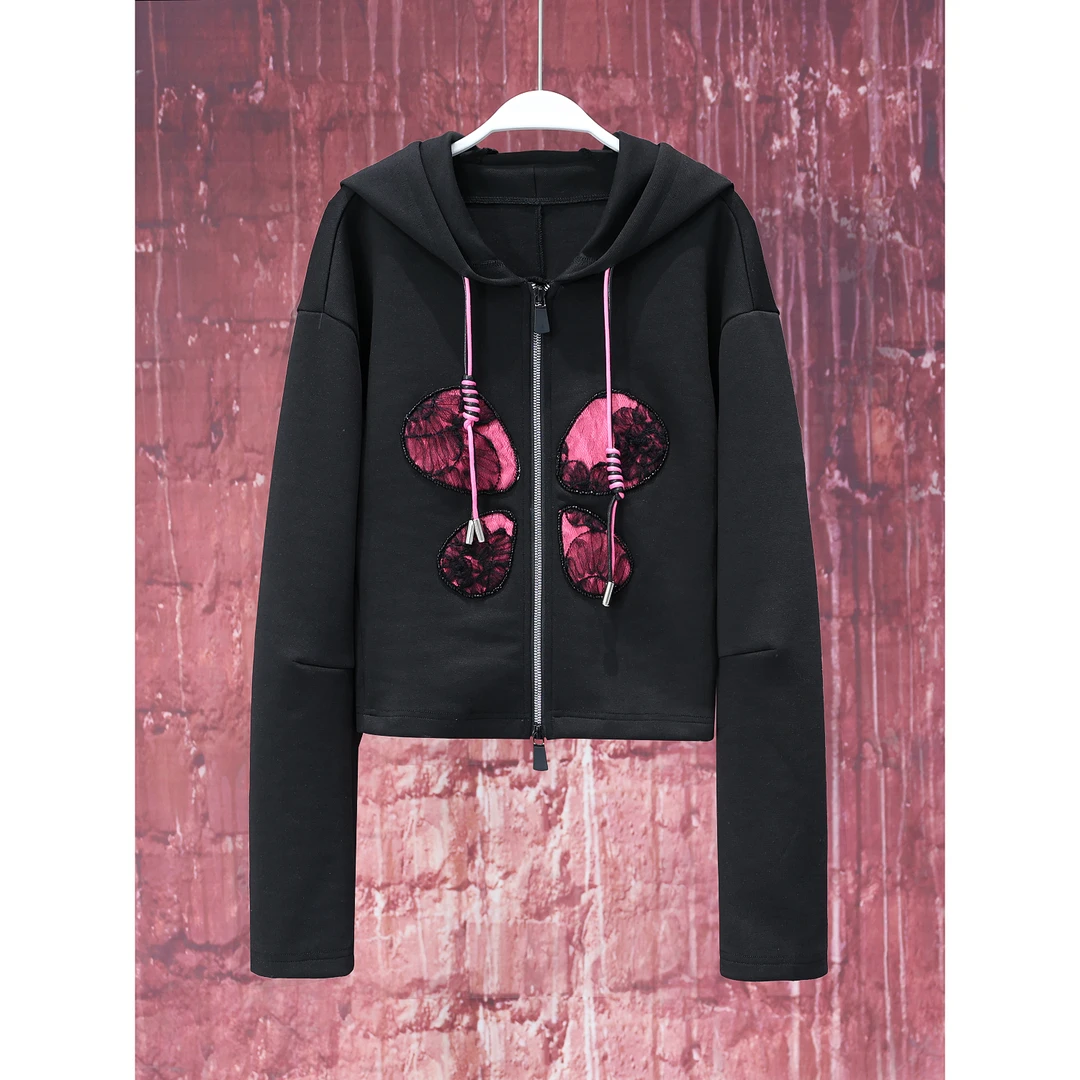 【韩哥女装】秋季时尚感黑色蝴蝶蕾丝拼接休闲百搭上衣外套/2849