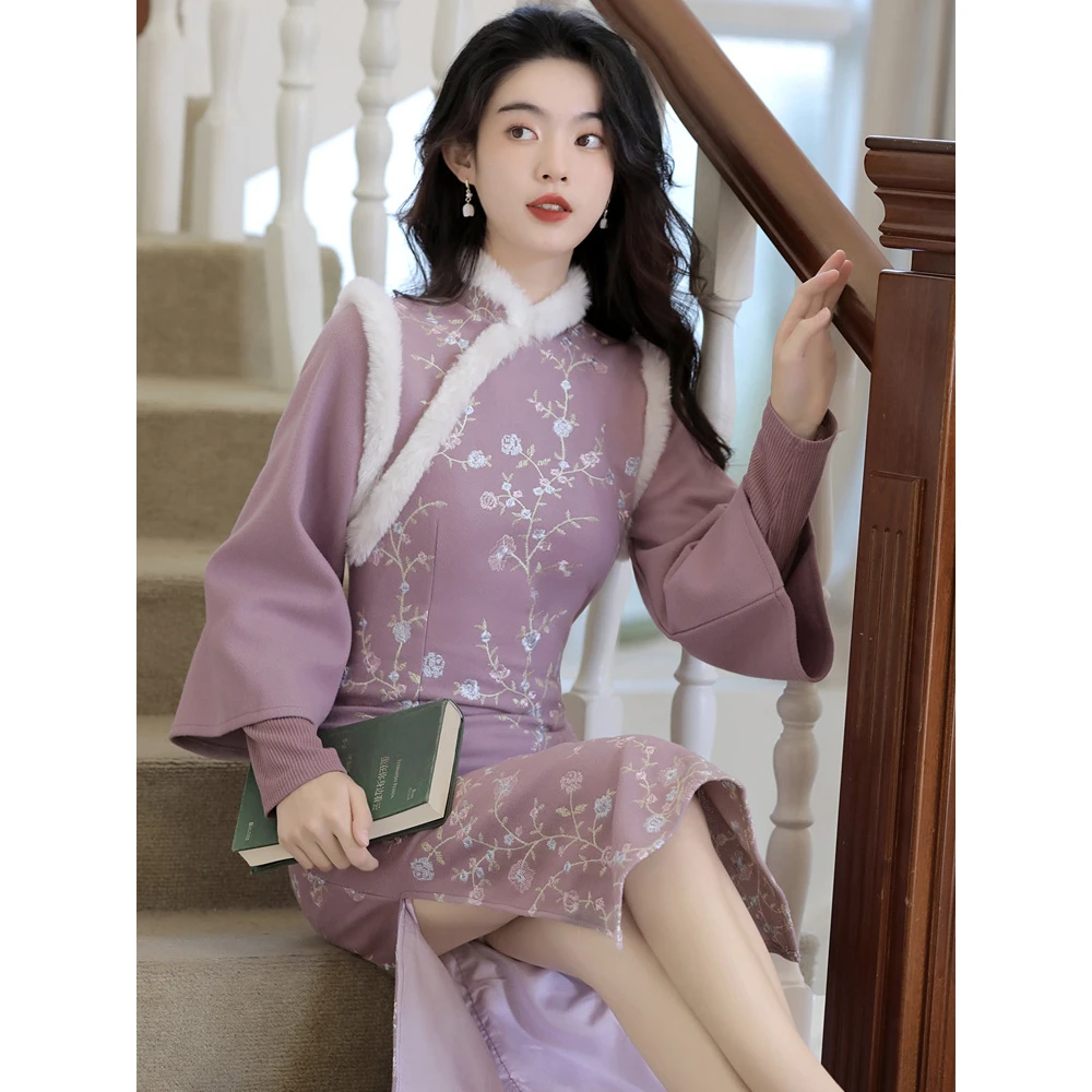 秋冬季新式毛呢针织加厚改良版旗袍裙年轻款气质小个子长袖中国风