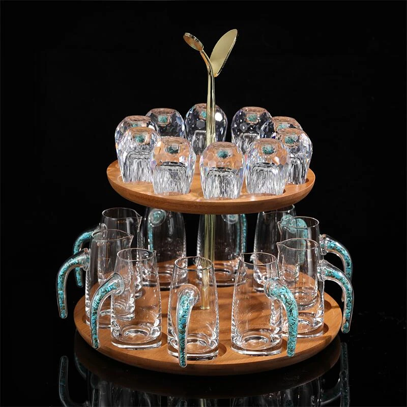 高档绿松石白酒杯家用水晶玻璃刻度分酒器烈酒杯子酒具套装带杯架
