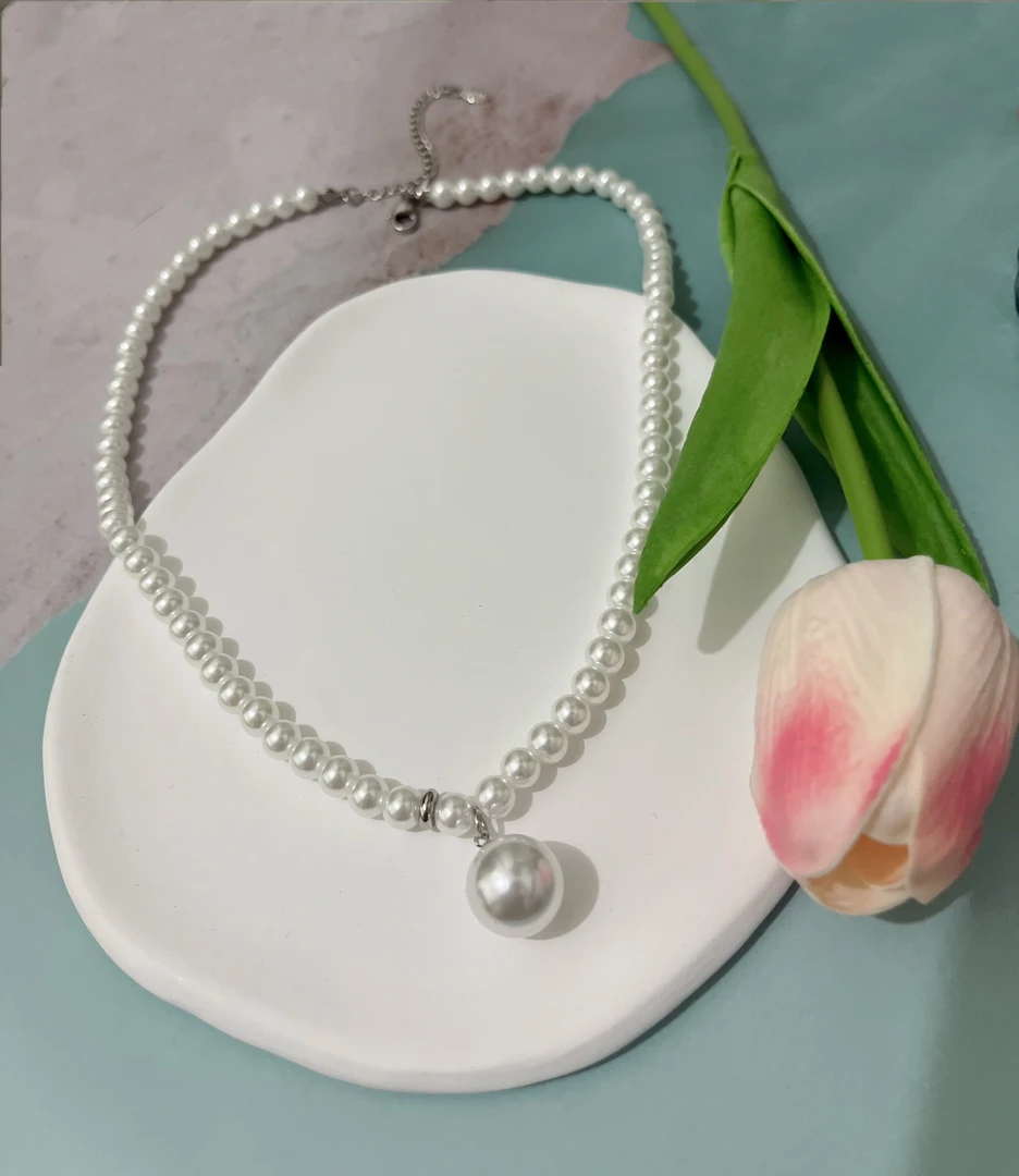 钛钢仿珍珠项链 （2126）白色大贝珠项链--长45