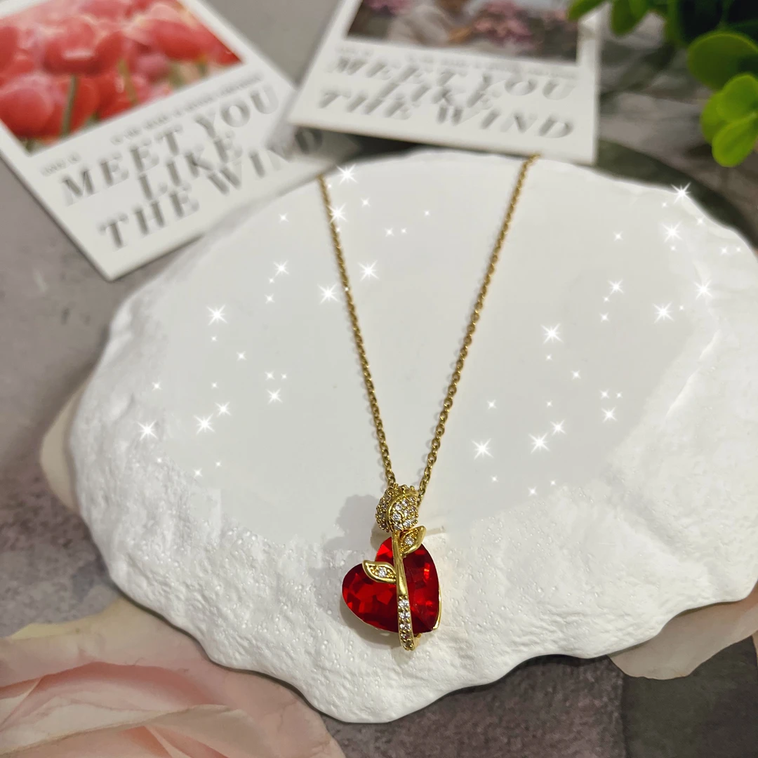 钛钢项链 （2364）简约轻奢红色玫瑰花项链--长45