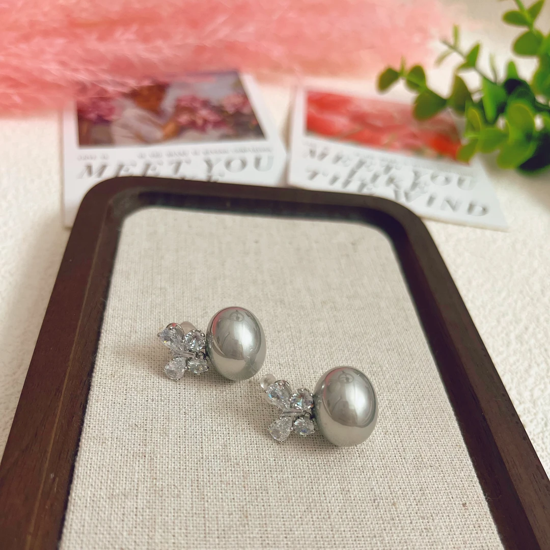 合金合成锆石耳饰 （1191）时尚高级蝴蝶结贝珠耳环