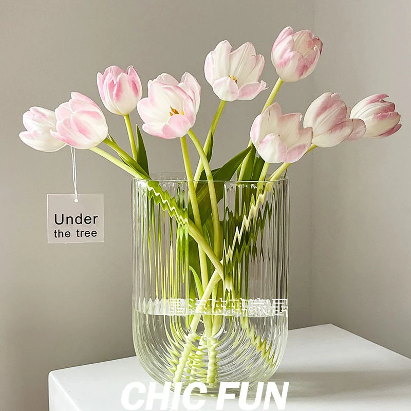 北欧玻璃花瓶透明U形竖纹创意客厅插花鲜花玫瑰百合花器装饰摆件