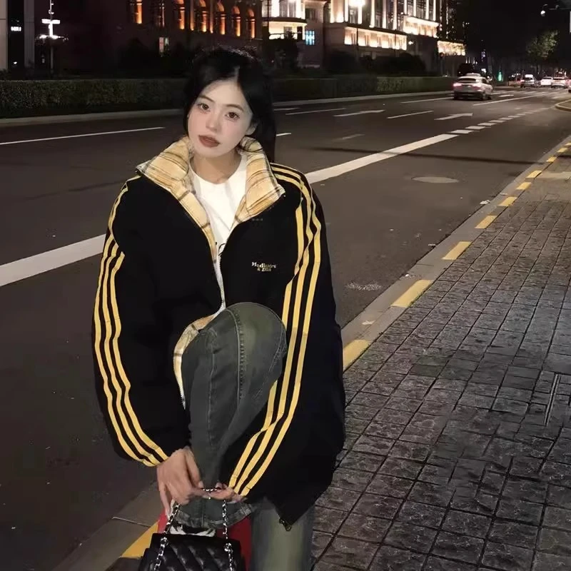 美式条纹男女棉服女2025年新款冬季加厚短款宽松棉衣棉袄情侣外套