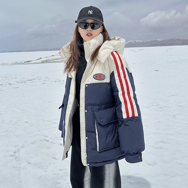 棉服女中长款2025年冬季新款工装拼色夹棉面包服学生情侣加厚棉袄