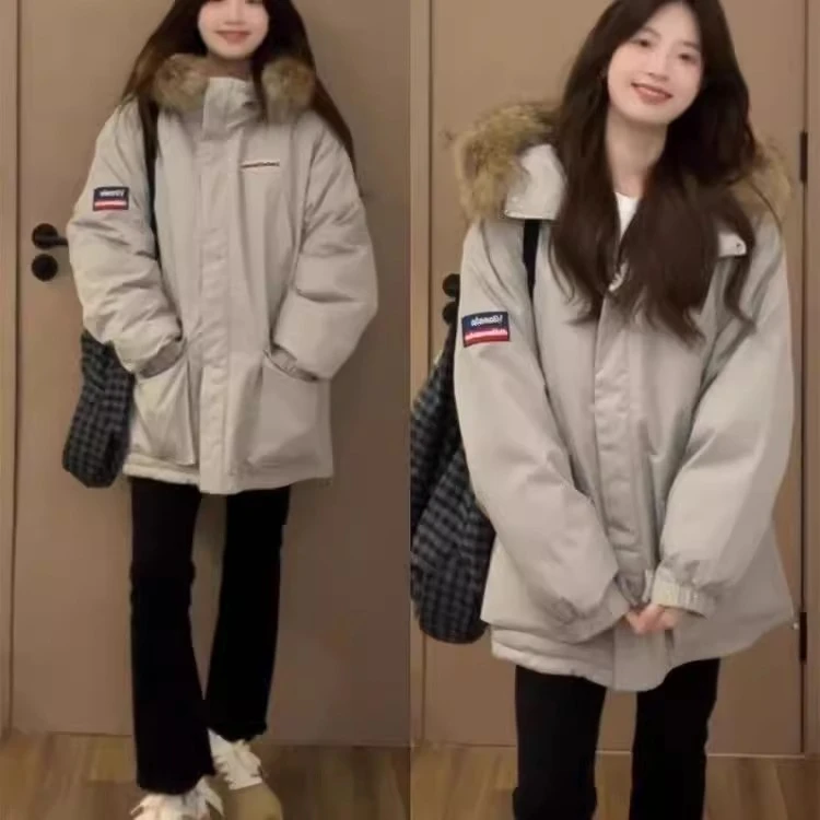 大毛领工装派克棉服女冬季加厚美式oversize宽松情侣棉衣学生外套