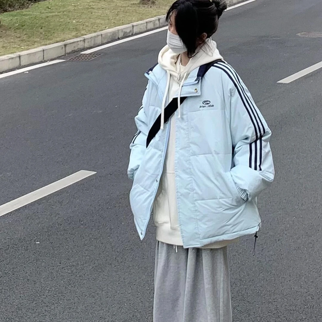 蓝色立领小个子棉服女大码宽松韩系短款棉袄oversize秋冬季面包服
