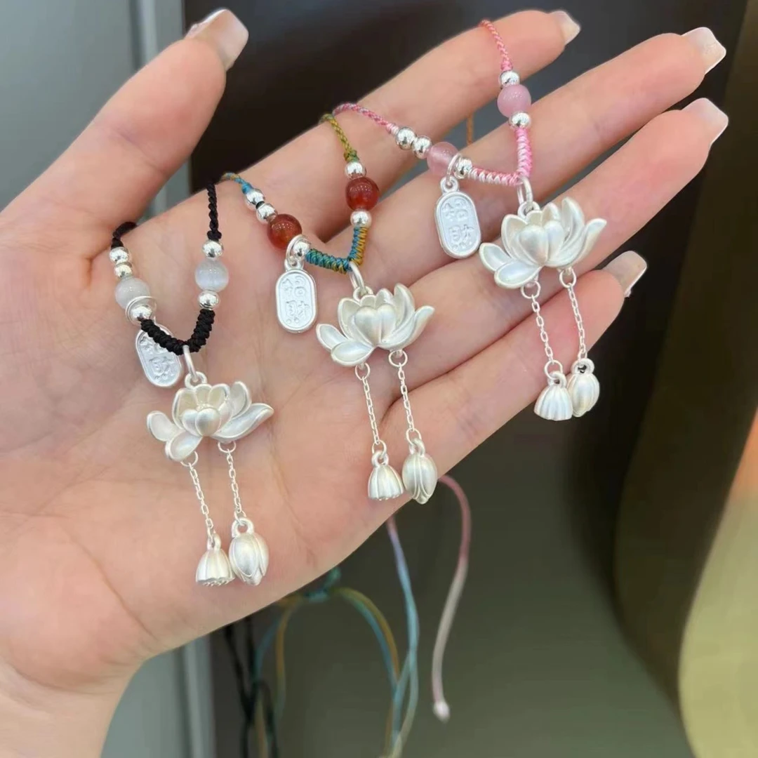 吊坠足银 足银莲花好运连连新中式两世欢项链纯手工古法小众国风