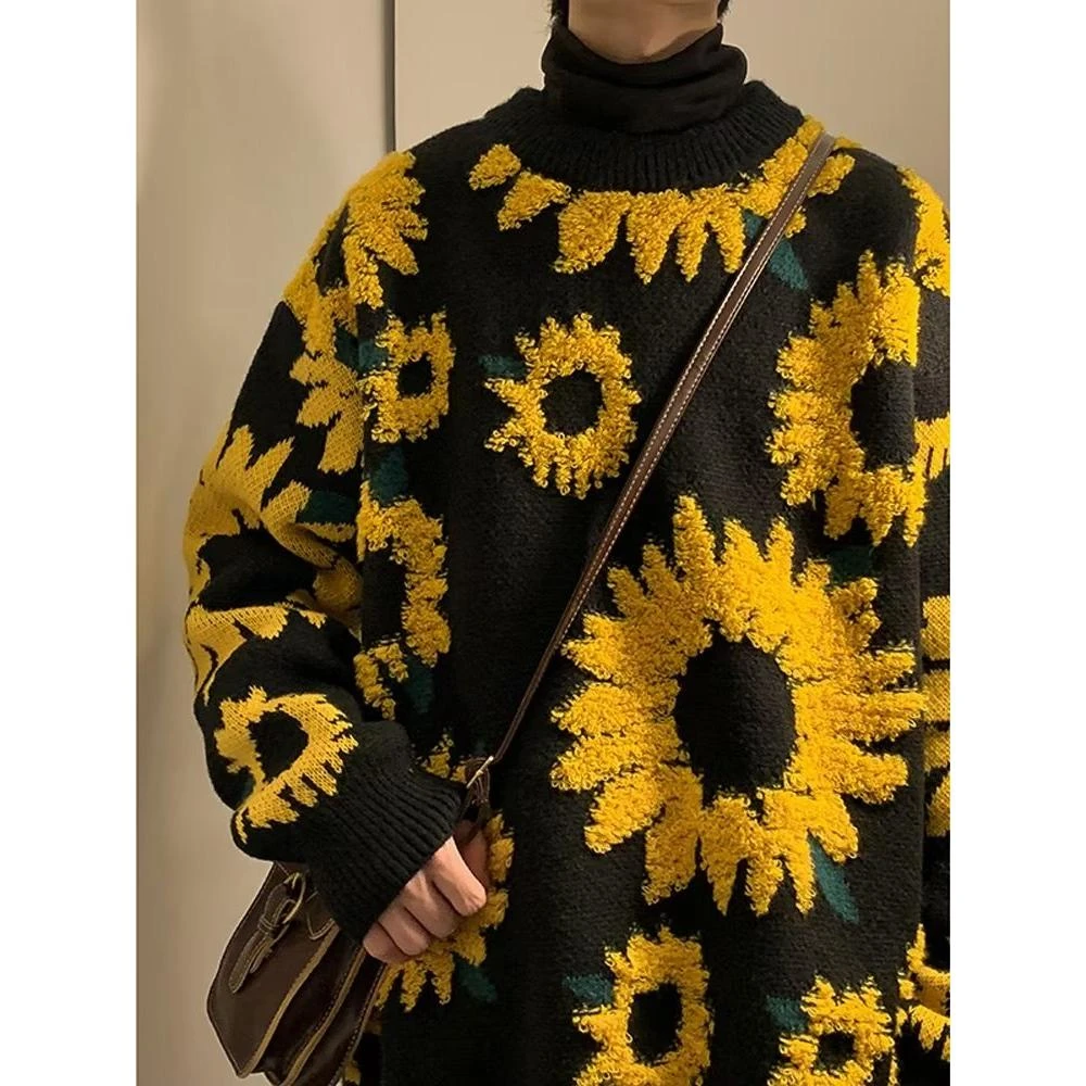 秋冬季日系复古向日葵植绒慵懒风毛衣男女嘻哈潮牌情侣长袖针织衫