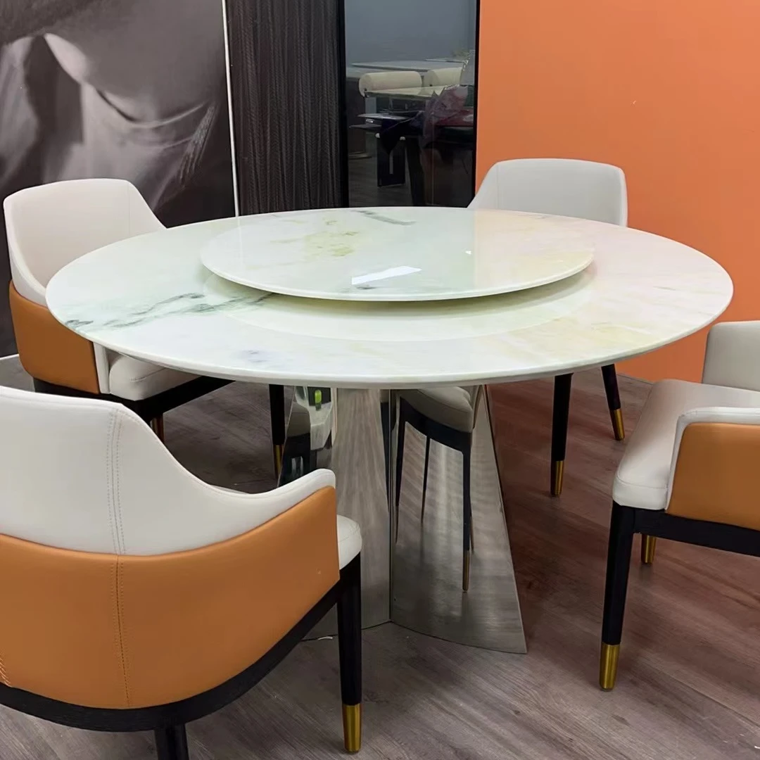 匠品芬迪绿天然奢石餐桌进口大理石大圆桌家用带转盘旋转餐桌椅