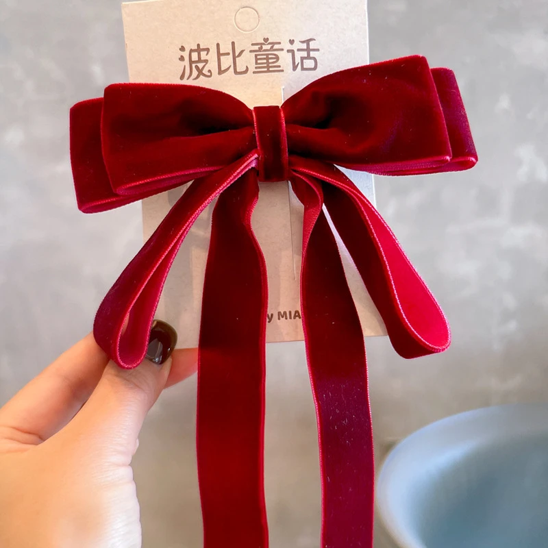 韩系酒红色植绒高级感赫本风蝴蝶结飘带 弹簧夹女童发饰头饰发夹