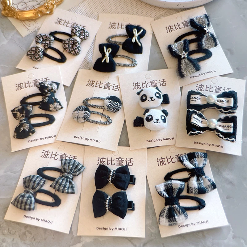 秋新款黑色系小香风儿童发夹格子蝴蝶结女童对夹熊猫宝宝发饰头饰