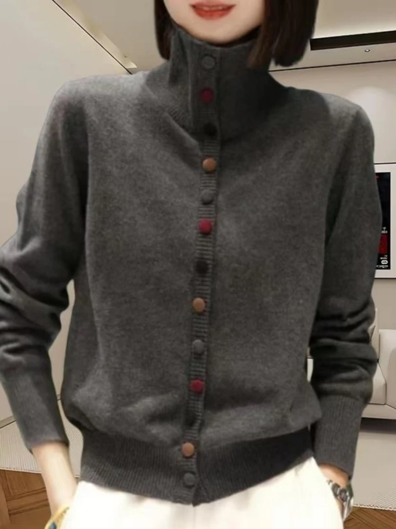 高领彩扣针织毛衣长袖女2025秋冬大码胖mm保暖打底衫显瘦洋气上衣