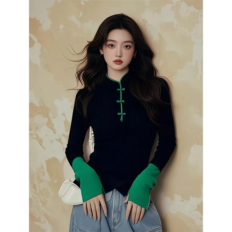 针织打底衫女2024新款秋冬季内搭洋气独特别致长袖新中式国风上衣