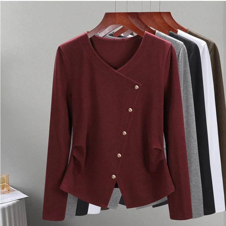 2025长袖t恤女年秋装新款女装气质V领正肩纯色体恤设计感开叉上衣