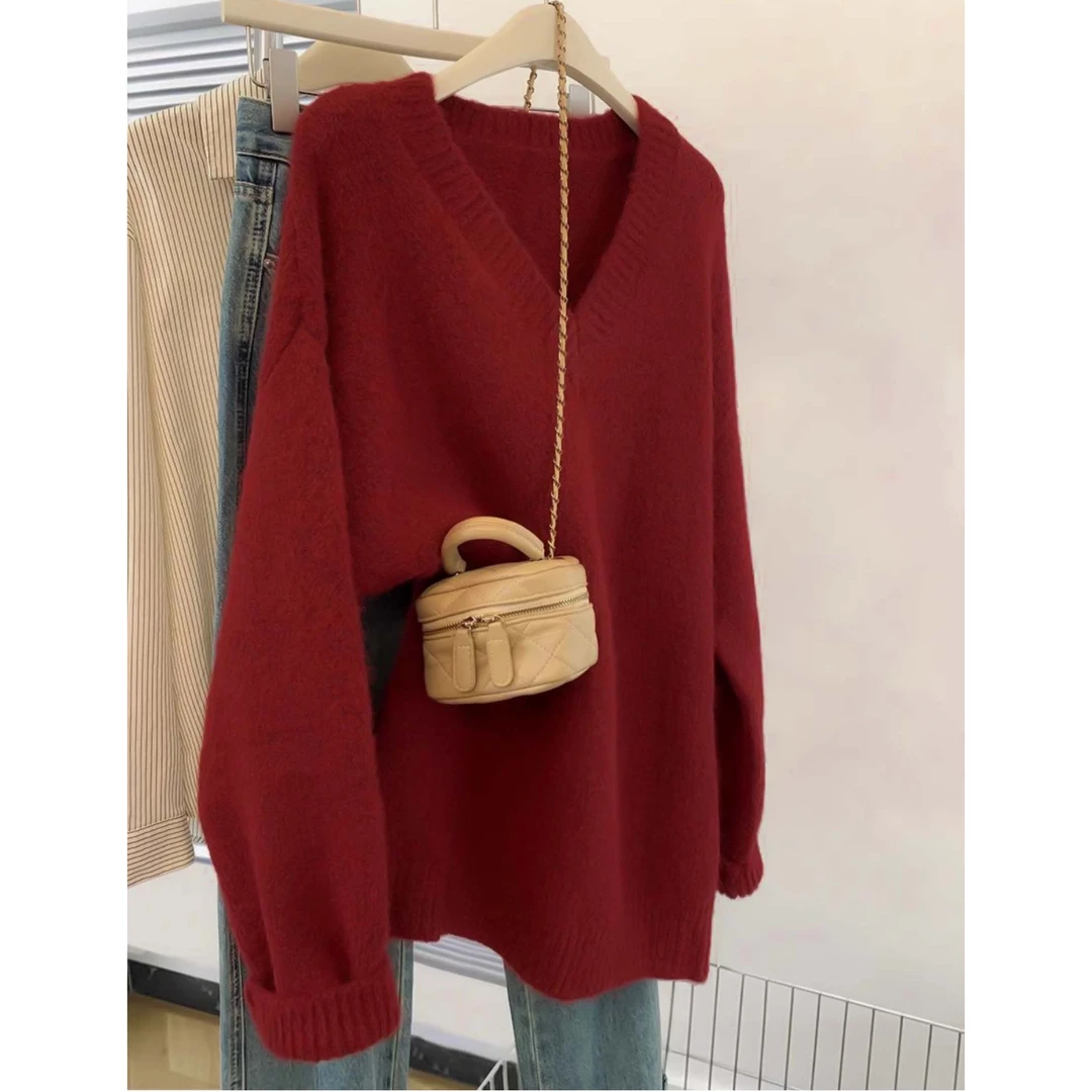 【现货】圣诞红色v领套头毛衣针织衫女秋冬2025时尚新款慵懒风上衣