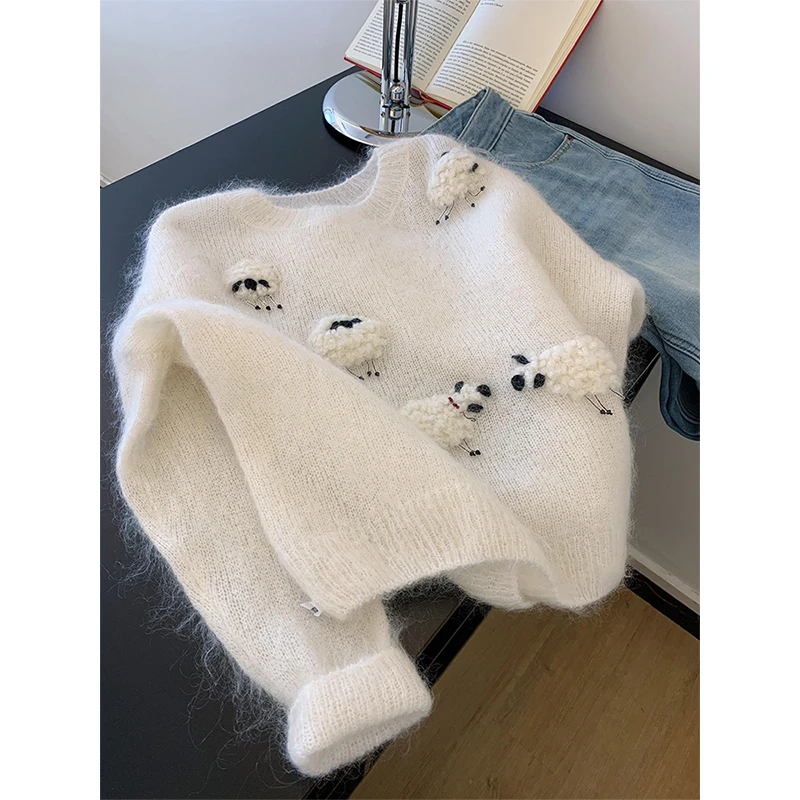 时尚温柔风白色针织衫毛衣秋冬季2025穿搭新款女慵懒风美式上衣潮