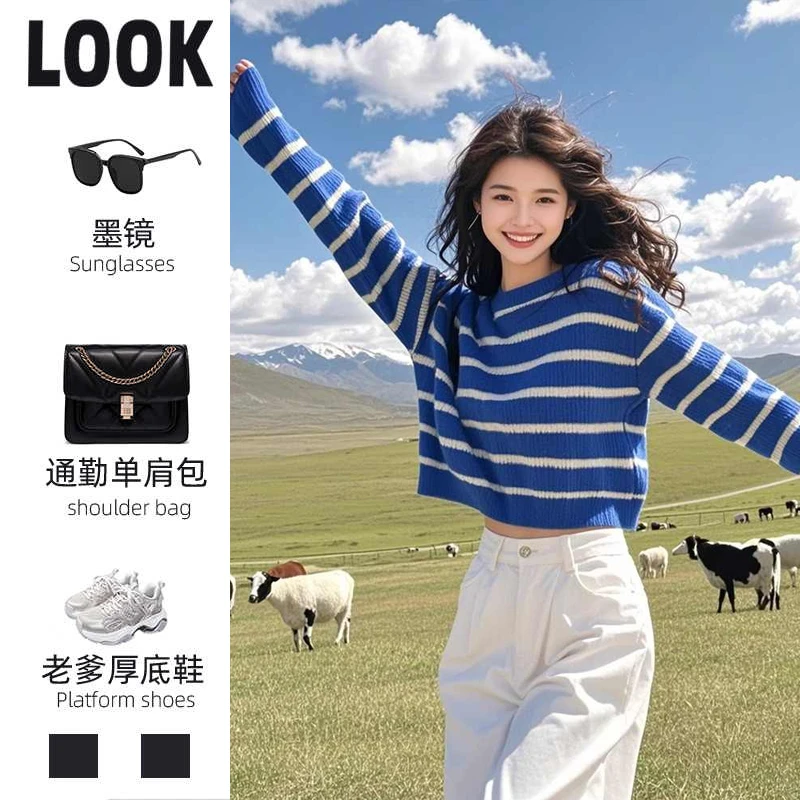 2025秋冬新款克莱因蓝条纹毛衣今年流行韩系高级感针织衫女短上衣