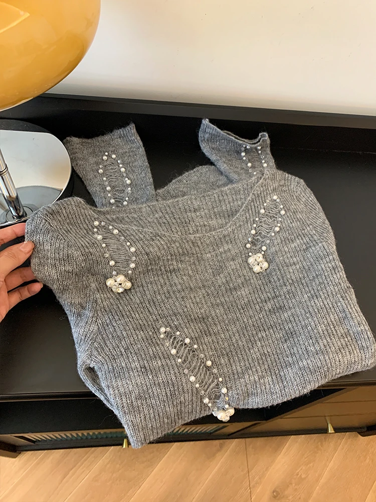 灰色镂空针织衫毛衣女打底内搭气质上衣设计感小众高级感修身显瘦