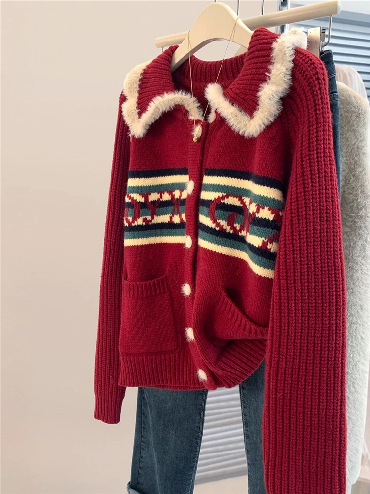 本命年蛇年衣服红色翻领费尔岛毛衣女秋冬新年软糯慵懒风针织开衫