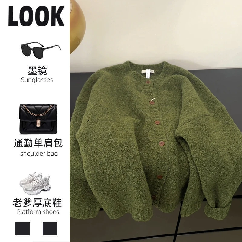 秋冬软糯宽松慵懒风毛针织开衫外穿大码海苔绿色森系加厚毛衣外套